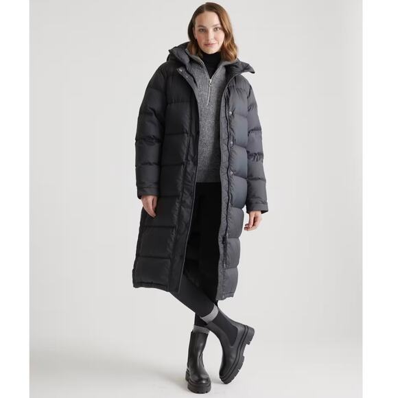 EUC Quince Women's Responsible Down Long Puffer Jacket Large Hooded Black 3285-M